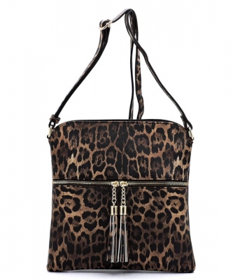 Leopard Zip Tassel Crossbody Bag LE062 BROWN